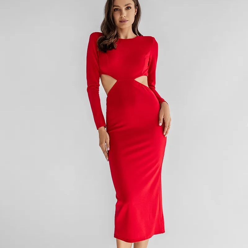 	
red midi dress