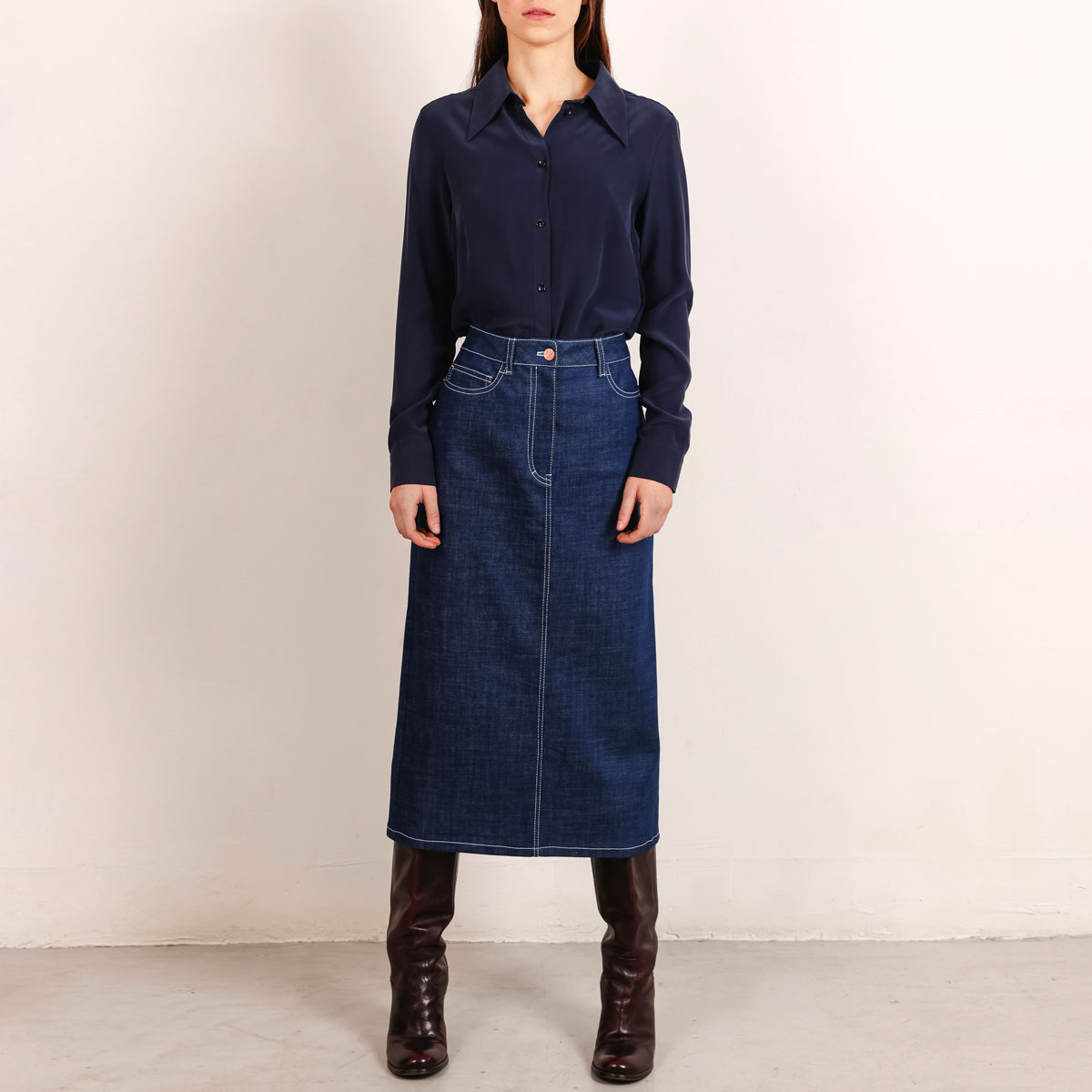 	
denim skirt mid length