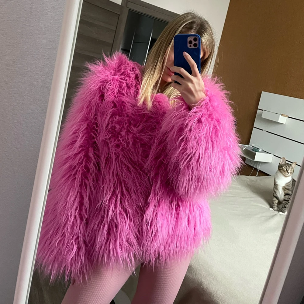 pink faux fur coat