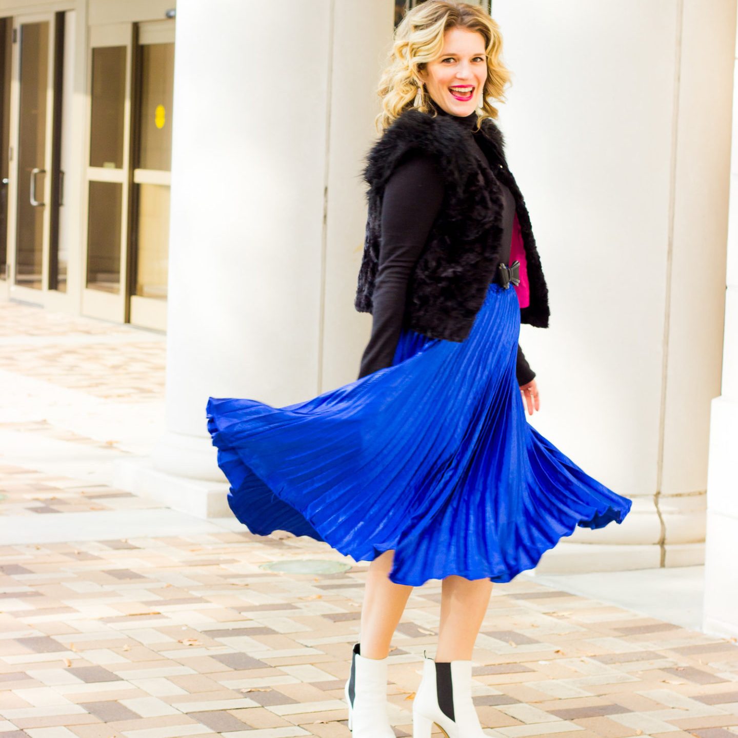 	
royal blue skirt outfit