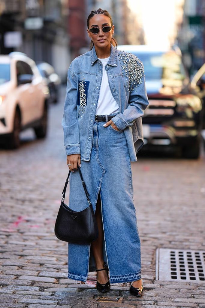 long denim skirt outfits